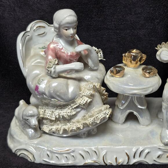 Porcelain Victorian Colonial Courting Couple Dog Woman & Man Figurine Tea Party - Picture 2 of 10